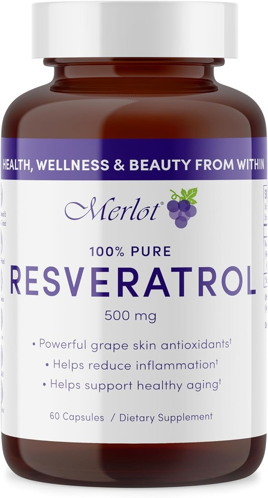 Merlot Resveratrol 500mg Capsules - 60 Cuenta - Belleza Dentro de AntiAging Suplemento No GMO Gluten Free- Made in USA