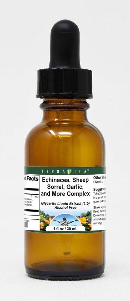 Terravita Echinacea, Sheep Sorrel, Garlic, and More Complex Glycerite Liquid Extract (1:5) - No Flavor (1 oz, ZIN: 523691)