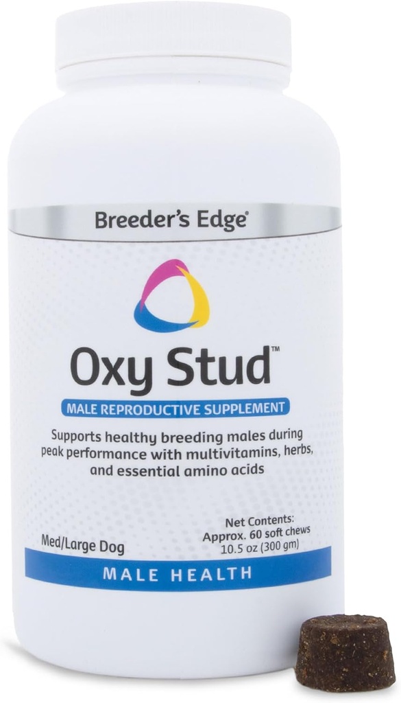 Breeder's Edge Oxy Stud Soft Chews están diseñados para perros y gatos masculinos y ayuda a apoyar necesidades de crianza y nutrición específicas para la salud reproductiva masculina, 60 ct Medium &amp; Large Dog