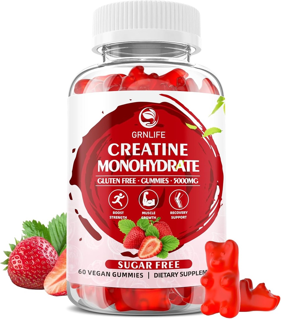 Cretina Monohydrate Gummies para Hombres &amp; Mujeres, Chewables Creatine Monohydrate para la fuerza muscular, Muscle Builder, Energy Boost, Sugar Gratis, Vegan, Strawberry Flavor-60 Conde