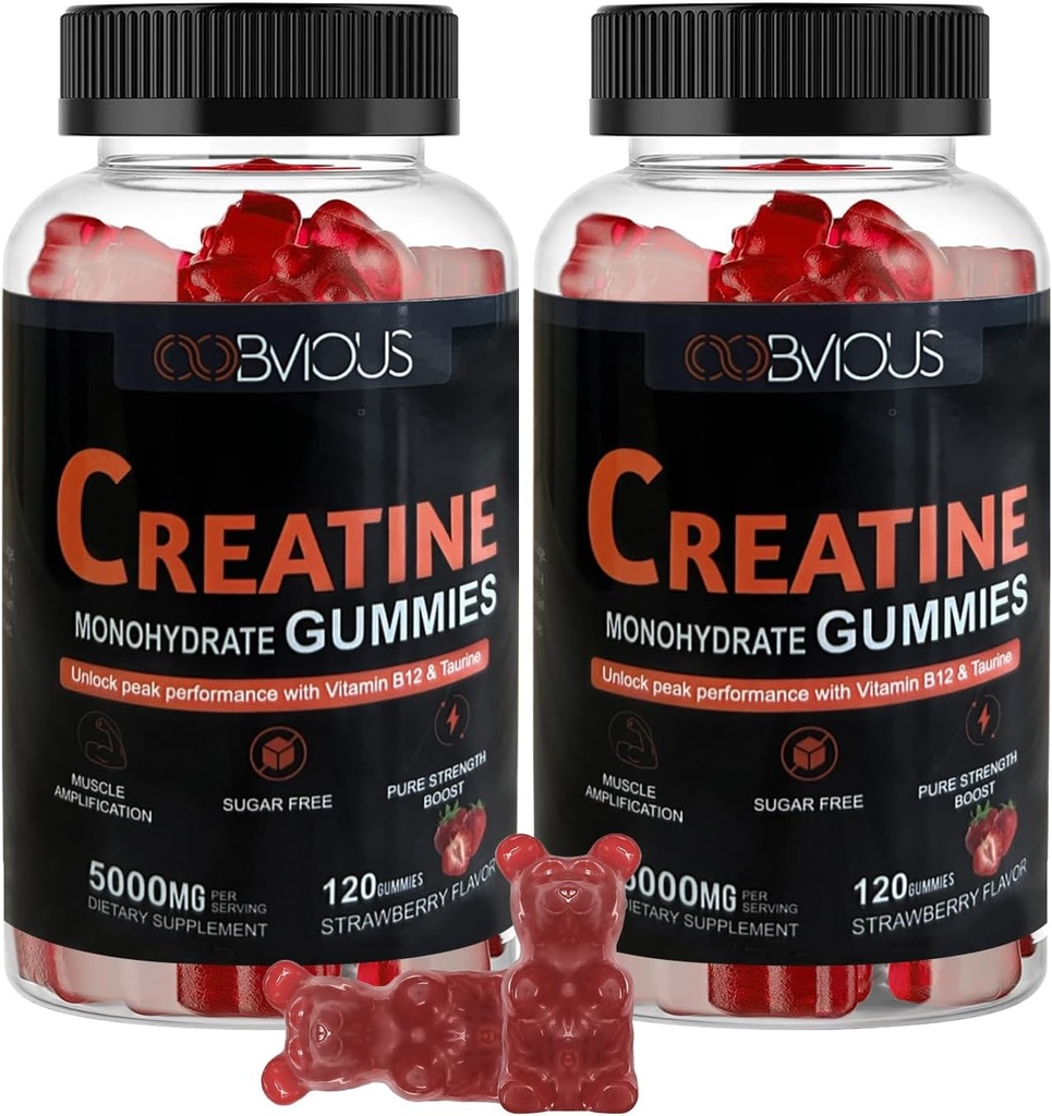 Creatine Monohydrate Gummies 240 for Men & Women- 5g, Sugar-Free Pre-Workout Gummy W/L-Taurine, Betaine Anhydrous, Alpha GPC, Vitamin B12, Chewable Gummies for Muscle Strength & Energy Boost (2 Pack)