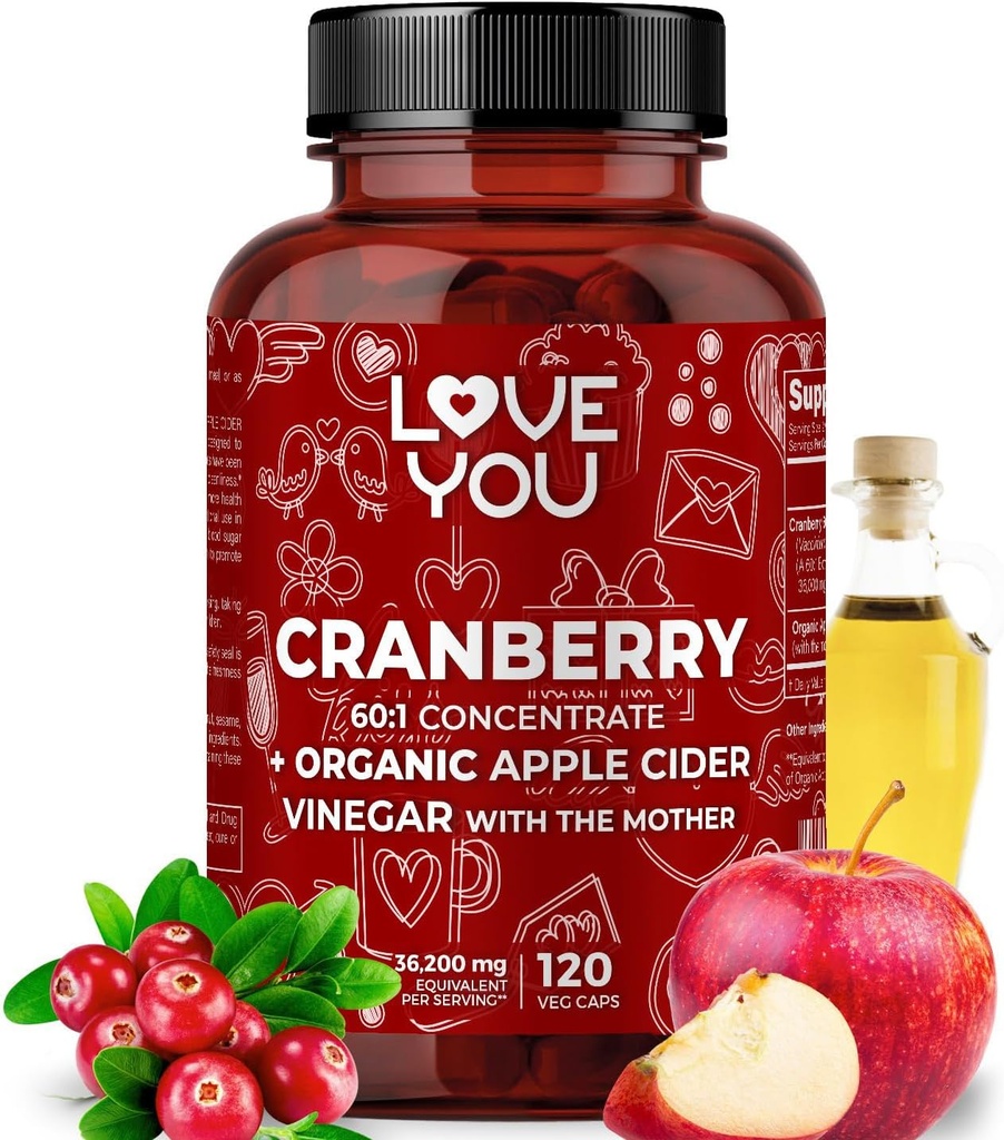 Love You Cranberry 60:1 Extract + Organic Apple Cider Vinegar – Max Strength 36,200 mg Equivalent – 120 Vegan Capsules – Urinary Tract & Digestive Support