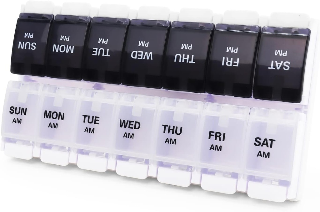 Grandes cajas y organizador de píldoras 2 veces al día, MOLN HYMY 7 Día AM Caso de píldora, 14 Compartimientos dispensador de píldoras para mantener grandes suplementos de vitamina Aceite de pescado (Black+White)