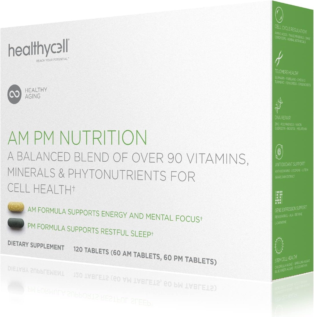 HealthyCell AM PM Nutrición para la noche del día - Blend of 90 Vitamins, Minerales, Probióticos " Nutrientes Apoya salud general, energía, enfoque " sueño - Multivitamina natural para hombres " Mujeres - 30 Actuaciones