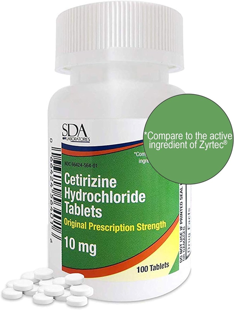 Laboratorios SDA Todo el día Medicina de las 24 horas de la alergia 100 cuentan Antihistamínico para las alergias, Pollen, Hay Fever, Dry, Itchy Eyes  Cetirizine HCl 10mg Tablets