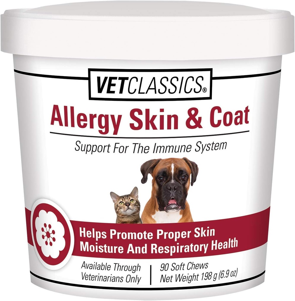 Vet Classics Alergía Skin &amp; Coat Support Pet Supplement for Dogs & Cats – Pet Health Supplement for Cat Skin Moisture, Dog Allergies, Pet Respiratory Health – Incluye antioxidantes – Soft Chews 90 Ct.