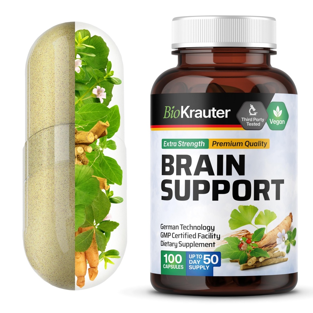 BIO KRAUTER Brain Support Supplement - 100 Count - 1300 mg Blend of Ashwagandha, Panax Ginseng y Ginkgo Biloba - Vegan, No Fillers
