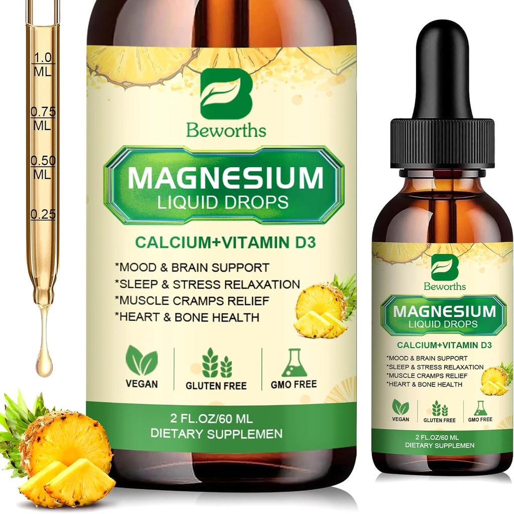 Complejo Glycinate de Magnesio, gota líquida de Magnesio con Citrato de Magnesio, Calcio, Potasio, Vitamina D3, Zinc - Suplemento de Taurate de Magnesio para Bone, Energía, Muscle Support