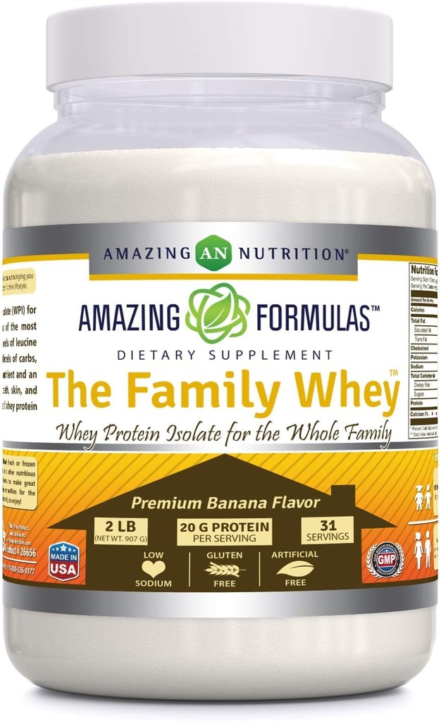 Fórmulas increíbles La familia Whey Protein (Isolato) Polvo para la familia entera - 2 libras - Formulario más completo &amp; más puro de Proteína - Gluten Free (Banana)