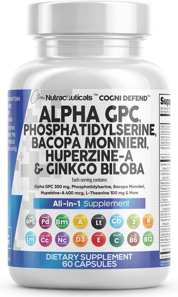 Suplemento cerebral Alpha GPC 300mg Phosphatidylserine Bacopa Monnieri Ginkgo Biloba Lions Mane Huperzine A L-Theanine NAC Nootropic Memory Focus Cognitive Support Vitaminas B C D E 60 Capsules EE.UU.