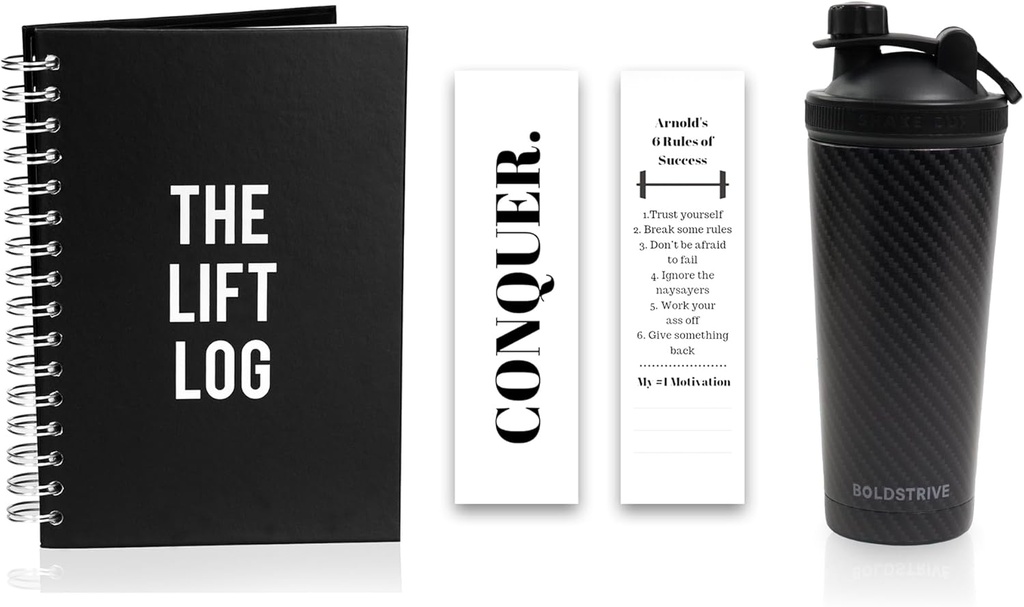 Botella de acero inoxidable Protein Shaker, Botella de agua aislada con Wrap de fibra de carbono negro &amp; Workout Journal con marcadores – 6 meses diario diario diario sin fecha