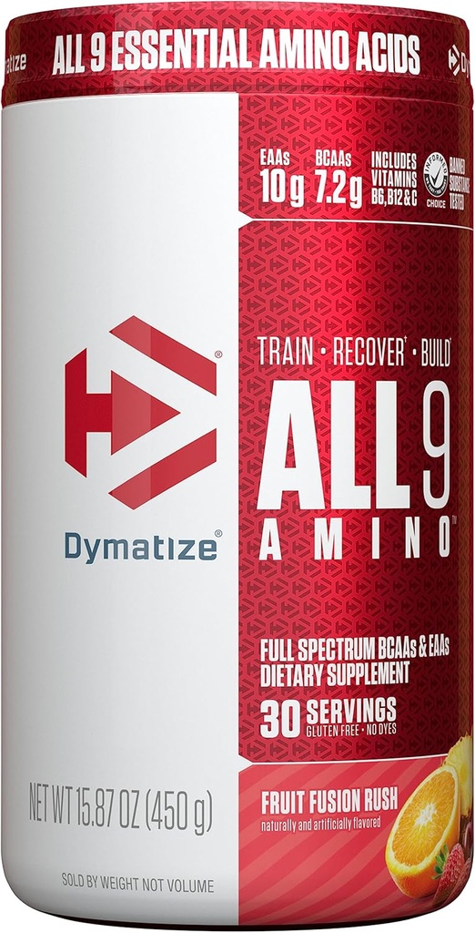 Dymatize All9 Amino, 7.2g of BCAAs, 10g of Full Spectrum Essential Amino Aminoácidos Por Serving for Recovery and Muscle Protein Synthesis, Fruit Fusion Rush, 30 Servings, 15.87 Ounce