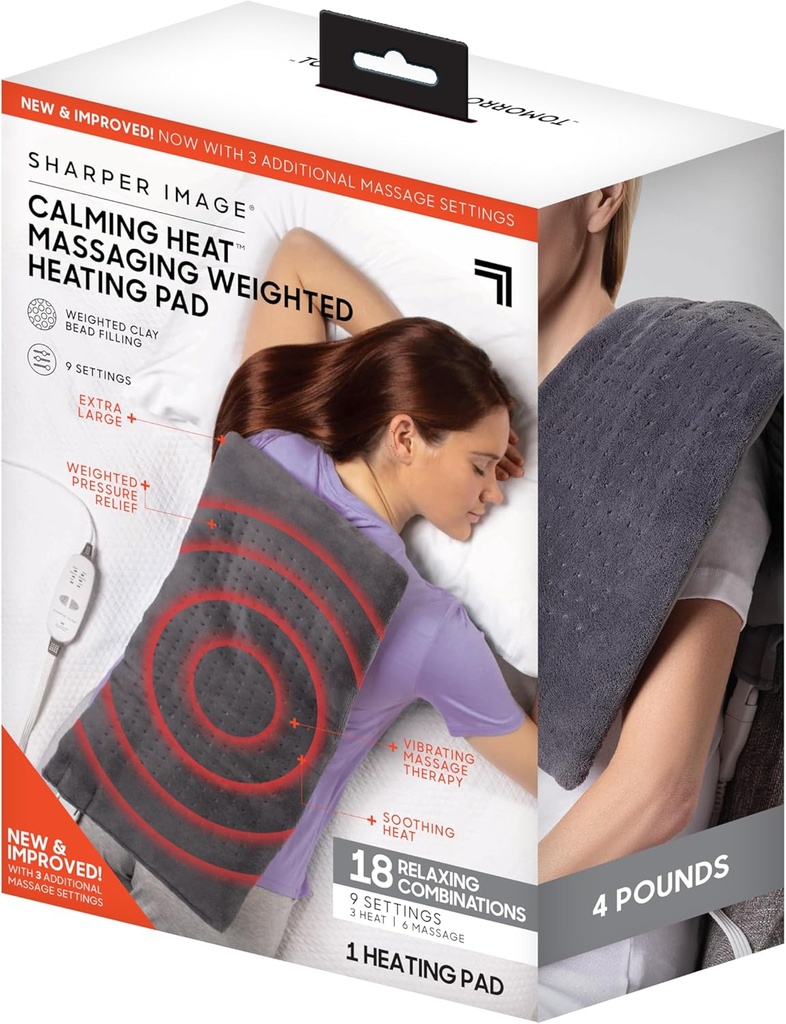 Calming Heat Massaging Weighted Heating Pad by Sharper Image- Weighted Electric Heating Pad with Massaging Vibrations, 9 Settings- 3 Heat, 6 Massage- 18 Relaxing Combinations, 12” x 24”, 4 lbs