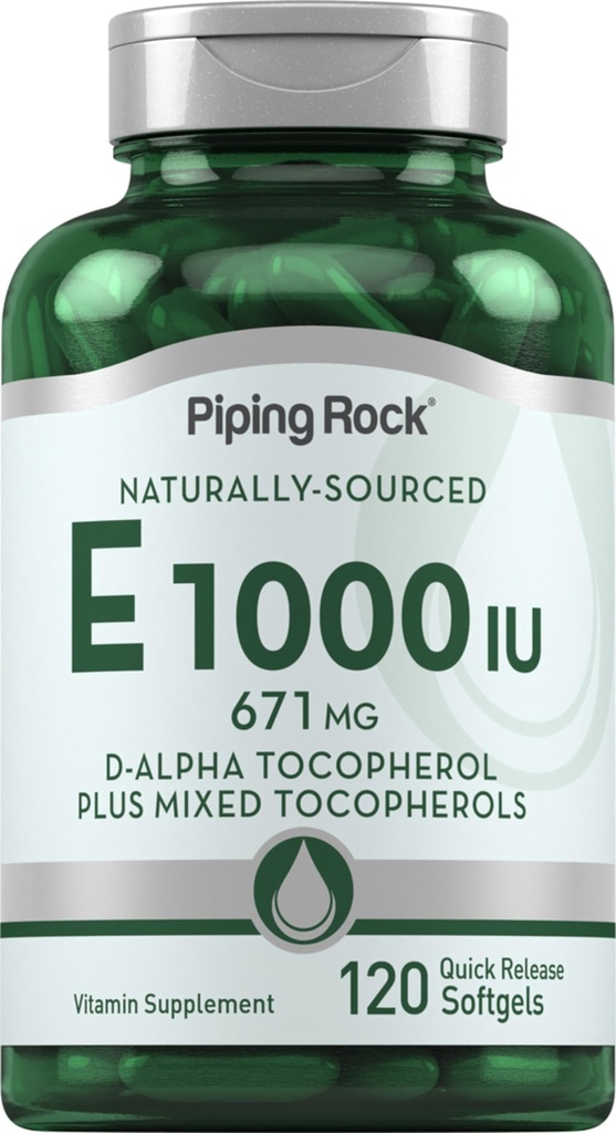 Piping Rock Vitamina E 1000 IU Softgels tención 120 Conteo Silencioso con D-Alpha y Tocoferoles mixtos TEN Gluten Free, Suplemento No GMO