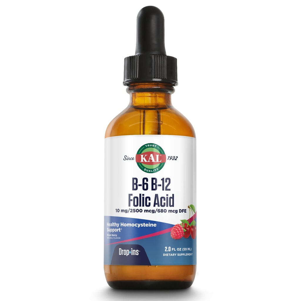 KAL Vitamina B-6 B-12 gota de ácido fólico, gotas de suplemento de vitamina B líquida, salud cardíaca, energía, célula de sangre roja con metil B12 y folato de metil, sabor de baya mezclada natural, 59 servidos, 2oz