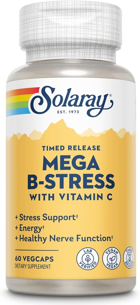 SOLARAY Mega Vitamina B-Stress, Complejo de vitamina B de liberación oportuna con 1000 mg de vitamina C para estrés, energía, células rojas de sangre &amp; soporte inmunológico, 60 días de garantía, Vegan, 20 piezas, 60 VegCaps
