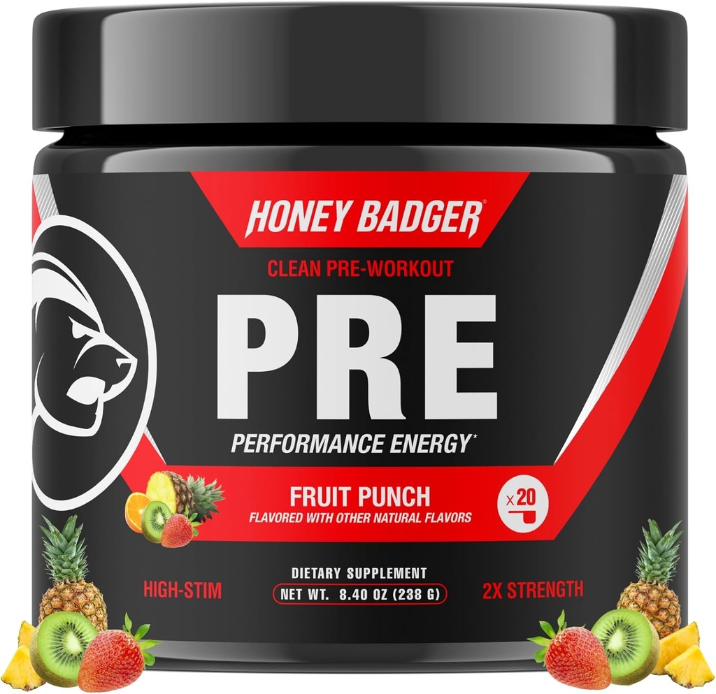 Honey Badger Pre Workout Powder, Keto Vegan Preworkout for Men & Women, Beta Alanine & Caffeine, Sugar Free Natural Energy Supplement, Fruit Punch (High-Stim)