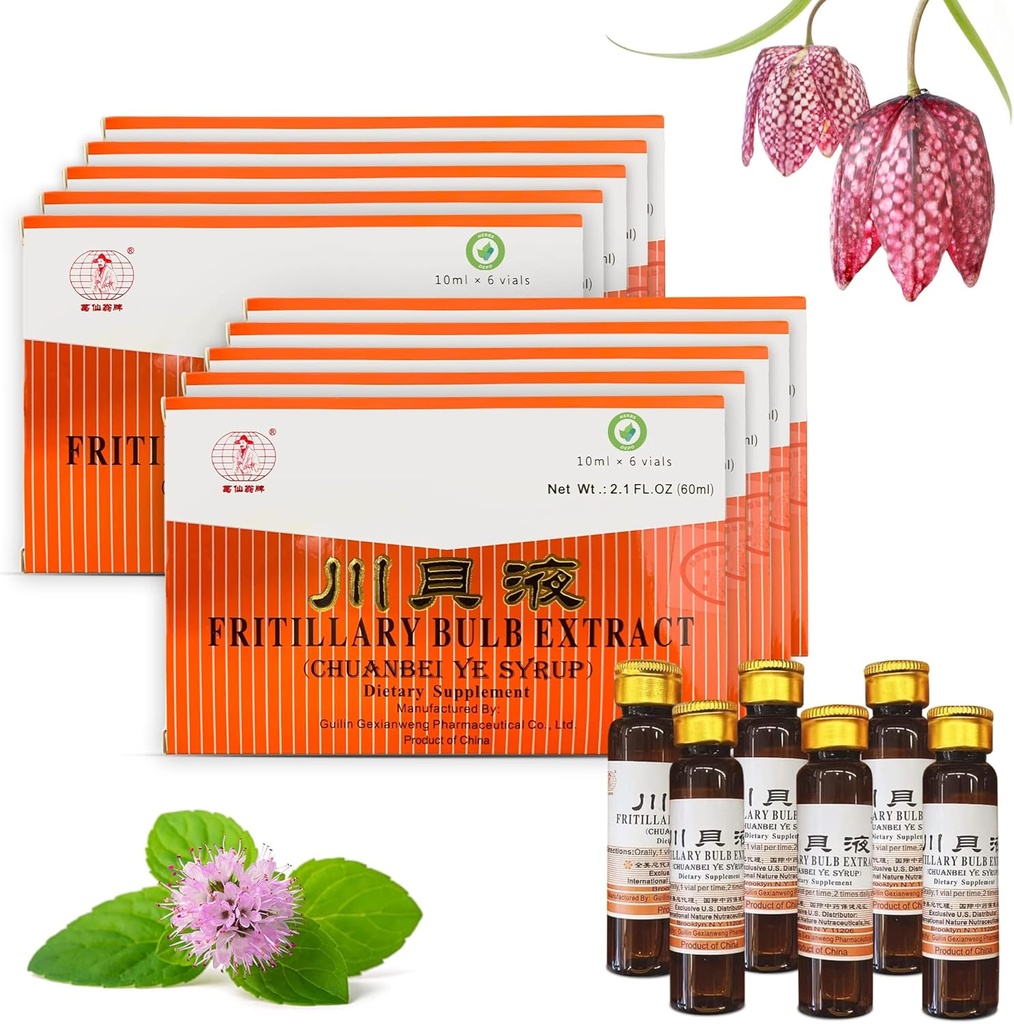 10 Pack of HerbsDepo Fritillary Bulb Extract - Sweet, Delicious, Non Drowsy and Effective Oral Liquid Dietary Supplement Cough Syrup (Chuanbei Ye Syrup) - 60 Bottles (10 ml por)