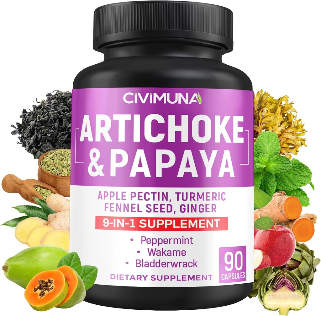 Artichoke Capsules con Artichoke, Papaya, Apple Pectin y Más - 90 cápsulas para 3 meses de suministro
