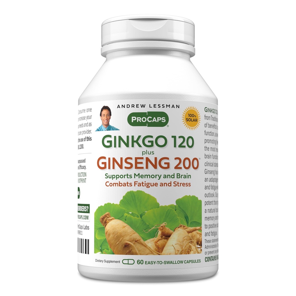 ANDREW LESSMAN Ginkgo 120 Plus Ginseng 200mg - 60 Capsules - Standardized Extract Blend to Support Brain, Memory and Cognitive Function. Adaptógeno, Combate Estrés y Fatiga. No hay aditivos