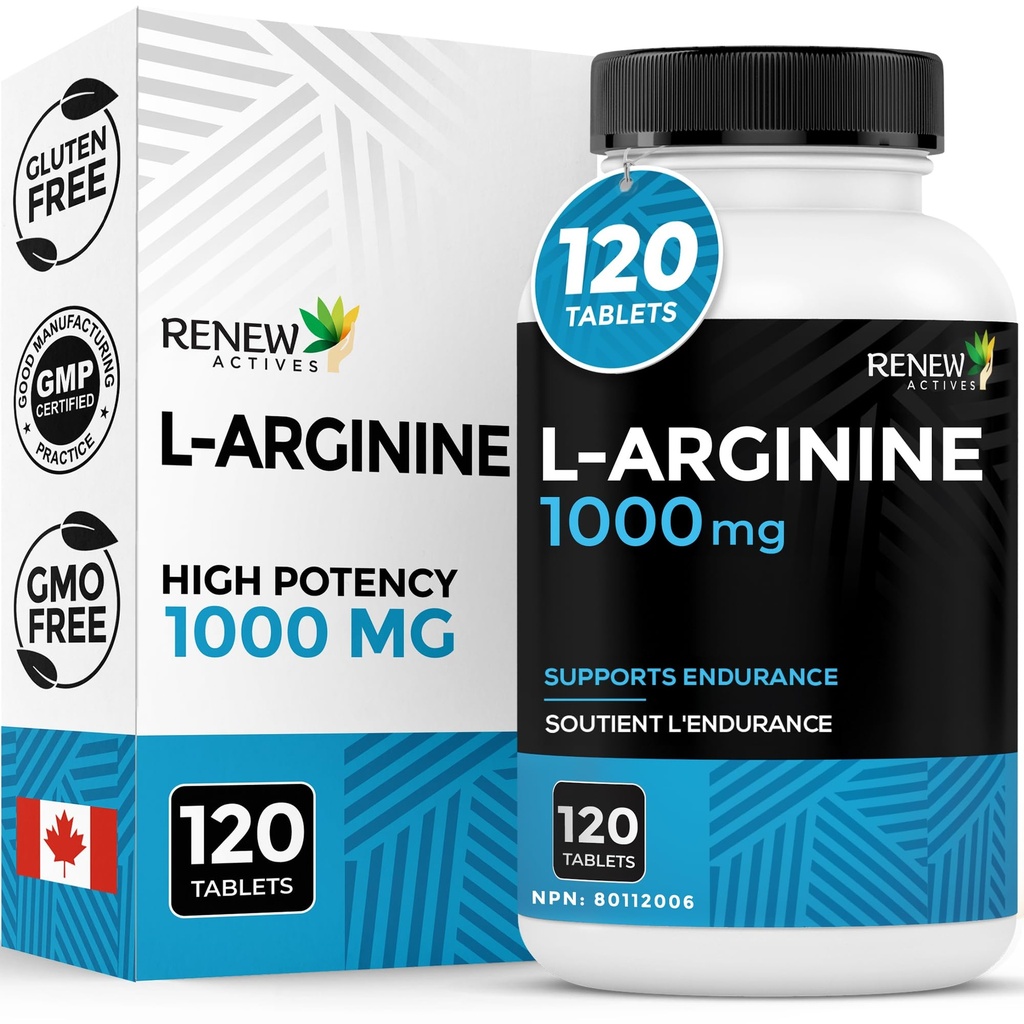 Renew Actives L-Arginine Supplement 1000MG for Serving - Strength & Endurance, Essential for Protein Synthesis &amp; Muscle Function, Physical Performance Booster - Made in Canada - 120 Tablets