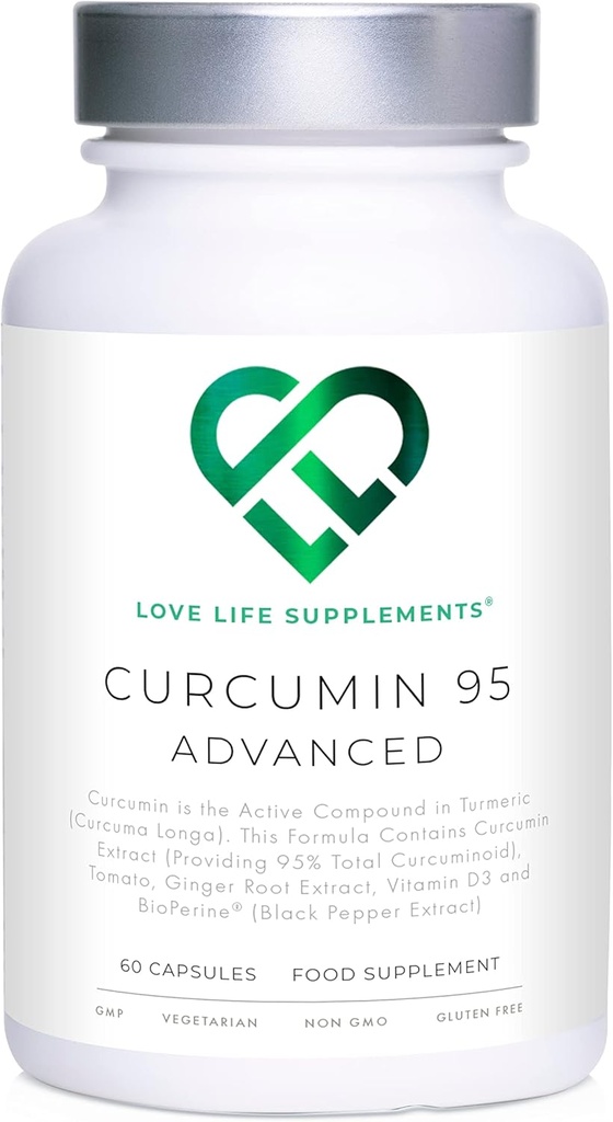 Curcumin 95 Advanced, 60 Capsules, Curcumina de alta resistencia (El componente activo de la Turmérica) con 95% Curcuminoides + BioPerine® (Extracto de cobre negro), vitamina D, tomate y raíz de jengibre, GMP Aprobado