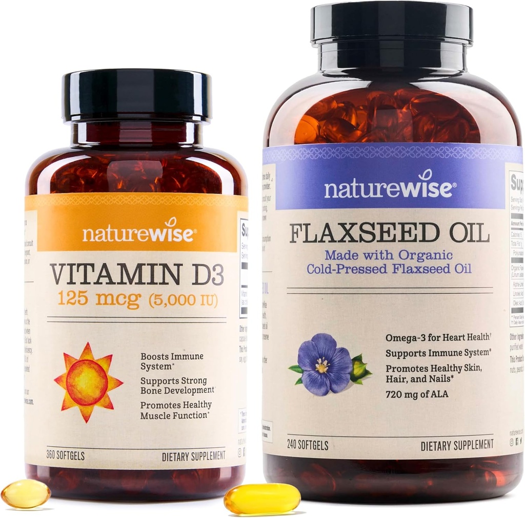 NatureWise Vitamina D3 5000iu (125 mcg) 1 año de suministro para la función del músculo saludable, y soporte inmunológico aceite de Flaxseed Max 720mg ALA  durable Highest Potency Flax Oil Omega 3