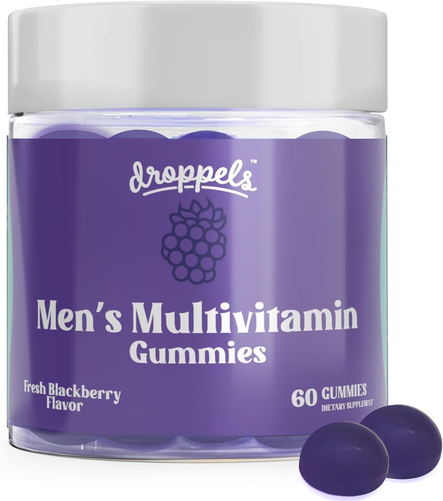 Droppels Men's Multivitamin Gummies with Folic Acid, Vitamins A, D, C, E, K, B6, B12, Biotin & More | Vegan, Non-GMO & Pectin-Based | Fresh BlackBerry Flavor, 60 Count