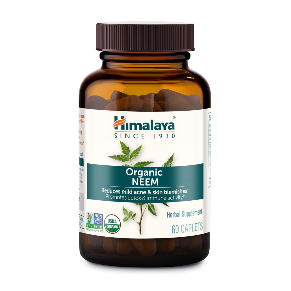 Himalaya Organic Neem, 60 Day Supply - Herbal Acne Supplements Supporting Clear Skin and Detox - USDA Organic, Vegan, Non-GMO, Gluten Free, 600 mg, 60 cápsulas