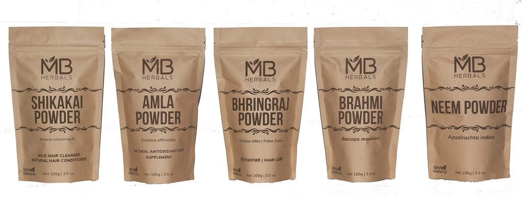 MB Herbals Hair Care Powders COMBO Pack ← Shikakai Silencio Neem Silencio Brahmi Silencio Amla Silencio Bhringaraj Silencio Powders  100 Grams Every ← Para Hair Pack ← Uso externo