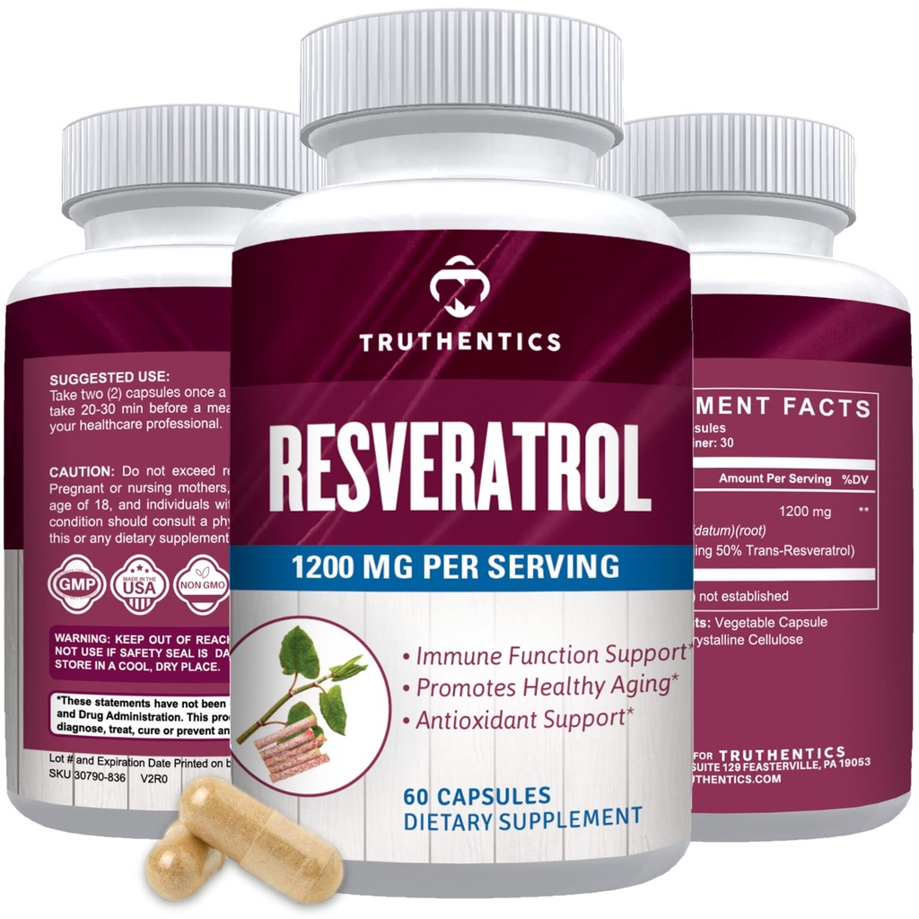 TRUTHENTICS Resveratrol Supplement 1200mg - Japanese Knotweed Capsules - High Potency Trans Resveratrol Nutrition Supplements for Healthy Aging, Vibrant Skin & Immune Health - 60 Vegan Capsules