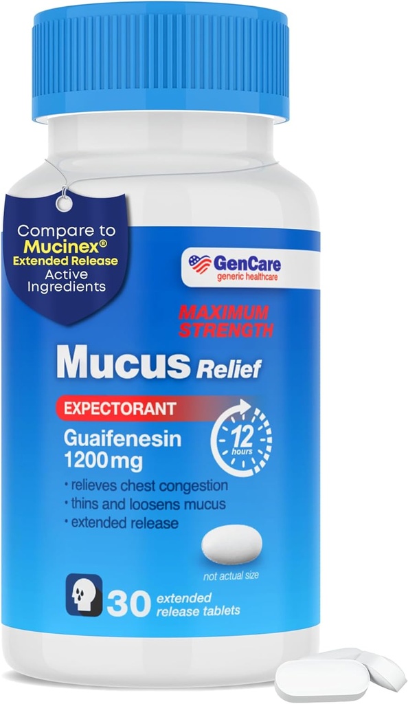 GenCare Mucus Relief 1200 mg Maximum Strength (30 conde) 1200 mg Guaifenesin Extended-Release Tablets – Expectorant for Chest Congestion Relief for Adults – Compare con Maximum Strength 12 Hour