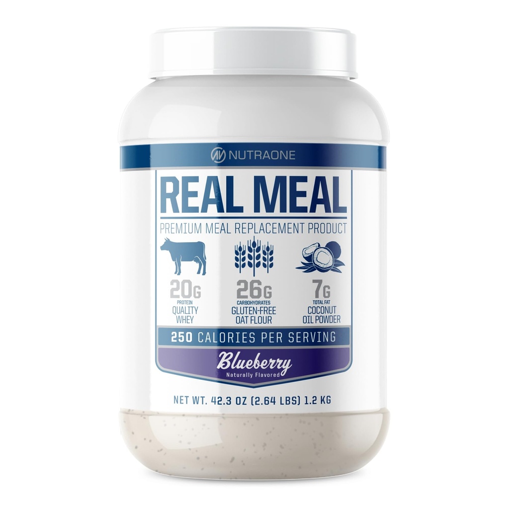 Real Meal by NutraOne - Perfect Meal Replacement Powder for Everyday Goals | Including Whey Protein, Coconut Oil, and Gluten-Free Oats* (Blueberry – 2.6 lbs.)