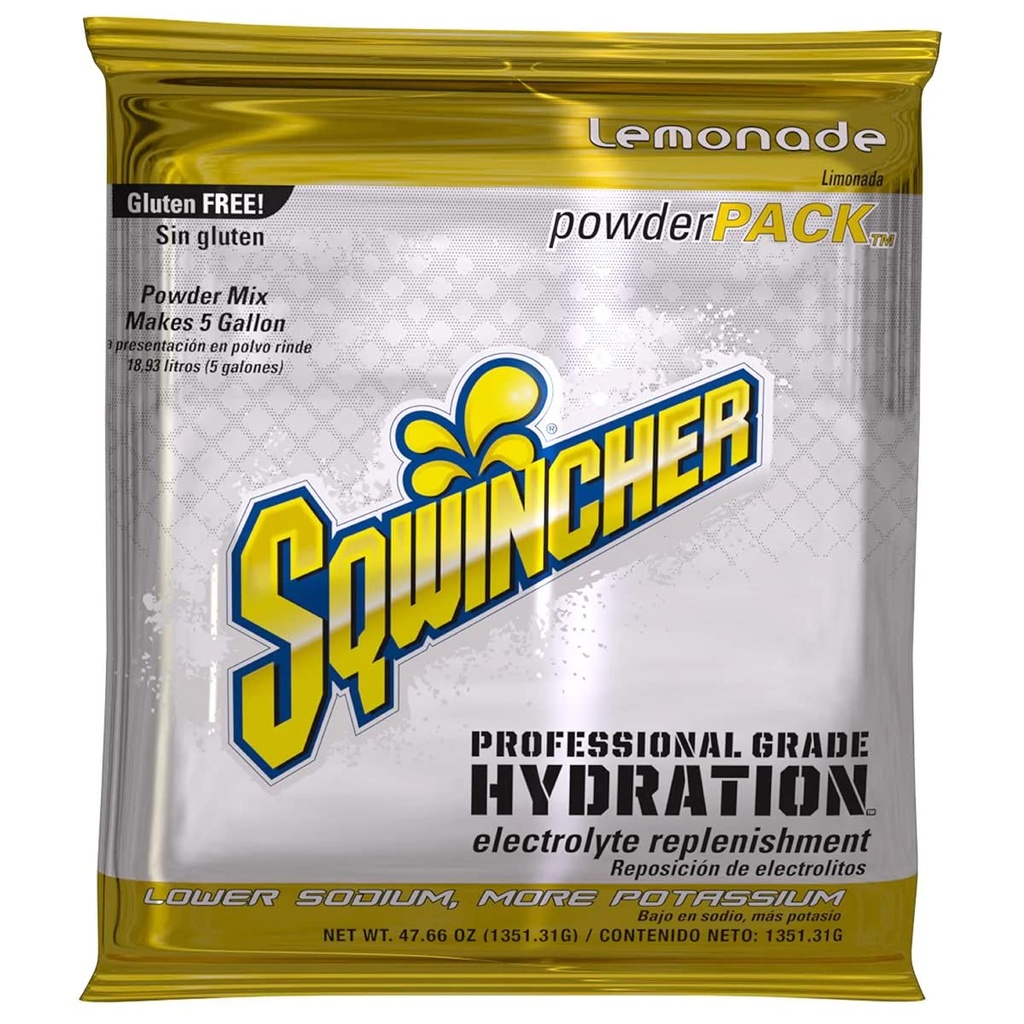 Sqwincher Powder Pack ← Lemonade Flavored Silencio Bajo Calorie Silencio Bajo Sodio ← Electrolyte Replenishment Hydration Drink Mix Silencio Just Add to 5 Gallons of Water  47.66 oz packet (pack of 16)