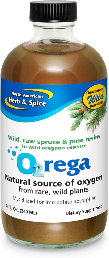 NORTH AMERICAN HERB " SPICE O2rega - 8 oz - Fuente Natural del Oxígeno - Apoyos Niveles de Energía - P73 Orégano, Spruce " Pine - Micellized for Maximum Absorption - Non-GMO - 16 Servings