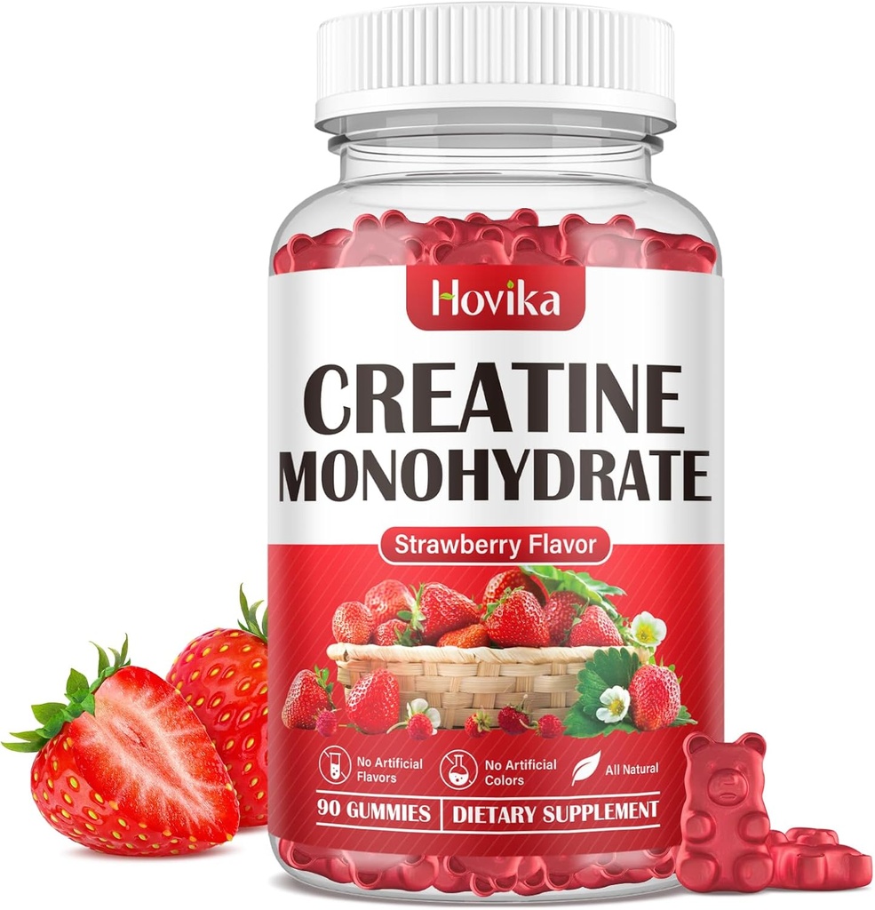 Monohidratos de crema para hombres &amp; mujeres, Monohidrato de crema de 3g con vitamina B12 para el crecimiento muscular &amp; recuperación vegetariana, sabor a fresa natural, 90 Gummies