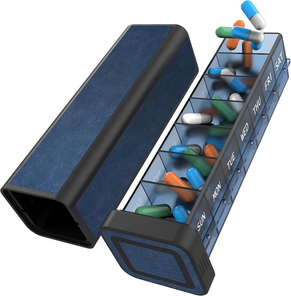 Pill Organizer 1 Time a Day, Pill Box 7 Day, Weekly Travel Pill Case, Daily Large Medication Holder Container, Once Daily Pillbox Dispenser for Vitamin, Medicine, Pills, Supplement (Blue)