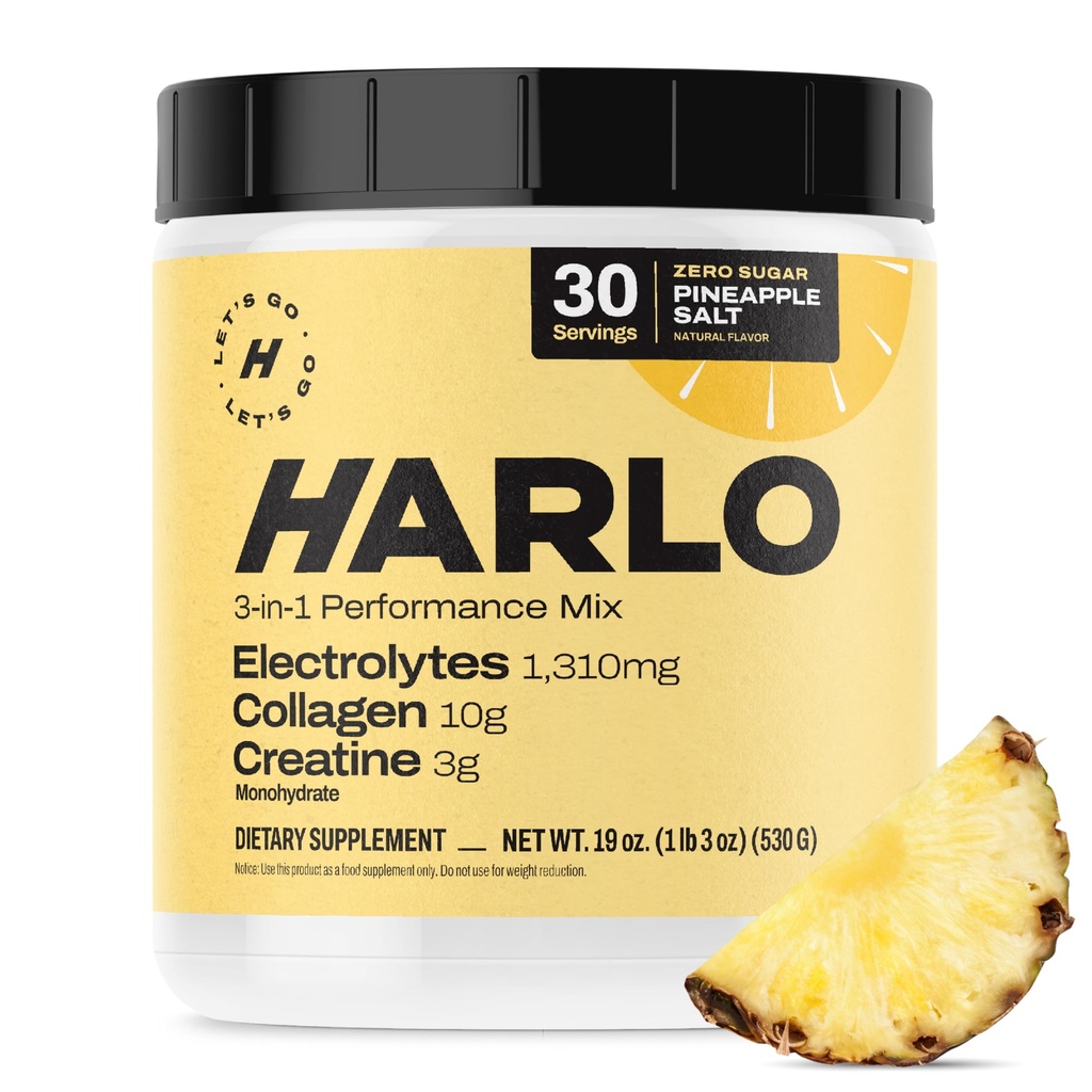 Harlo - Colagen &amp; Creatine Electrolyte Drink Mix – Pineapple Salt Flavor – Hidrating Pre &amp; Post Workout Powder – Apoya Skin, Mixs &amp; Muscle Recovery – Sugar-Free Energy Boost
