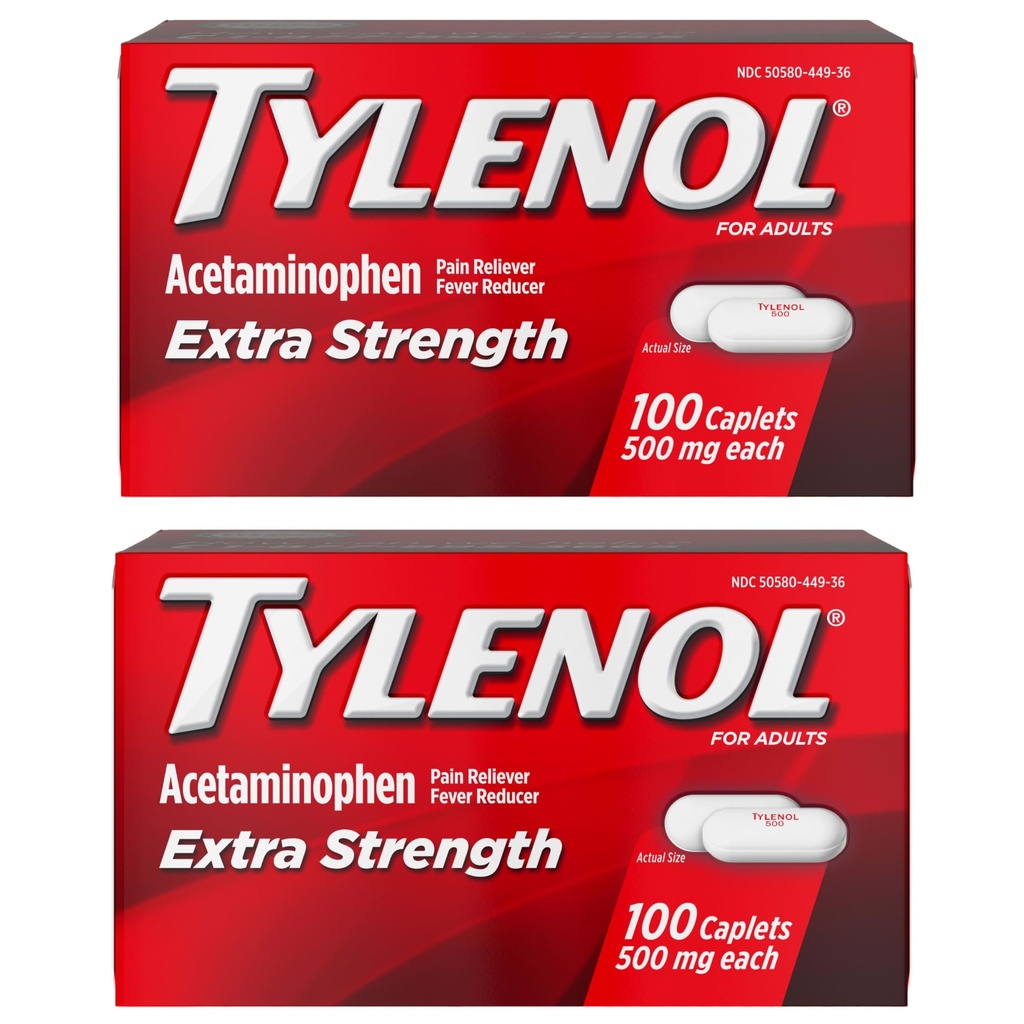 Tylenol Extra Strength Doin Reliever and Fever Reducer Caplets, 500 mg Acetaminophen, Dolor de dolor de cabeza, Dolor de espalda, Dolor de dientes y artritis menor Dolor Alivio, 200 Conde