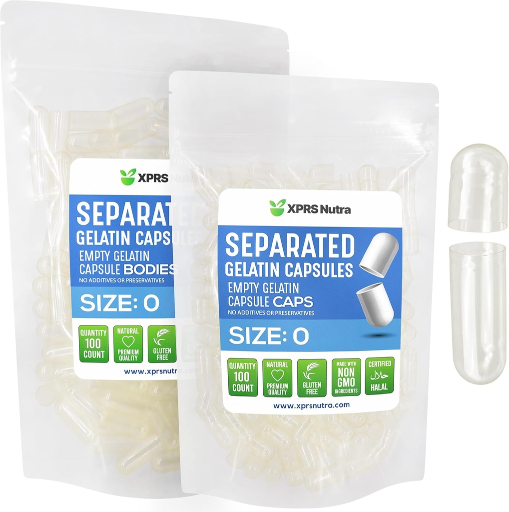 XPRS Nutra Gelatin Tamaño 0 Cápsulas separadas - 100 Contar Cápsulas vacías Separadas en bolsas - Tamaño 0 Cápsulas Gelatina - Cápsulas transparentes para relleno de suplementos DIY