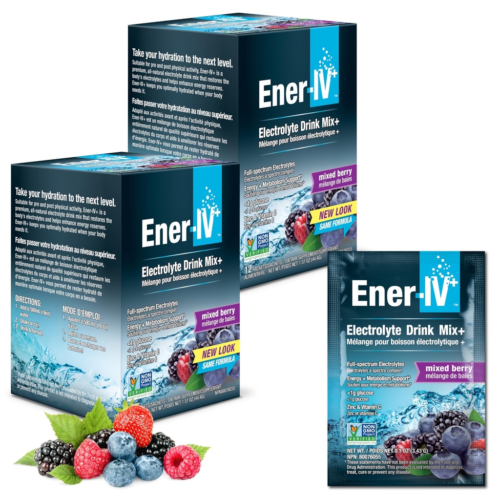 Ener-IV Electrolyte Drink Mix - Electrolytes Powder Packets, Hydration Powder Drink, Hydrate Liquid Mix, Low Sugar Rehydration for Women &amp; Hombre - Mixed Berry, 24 Cuenta