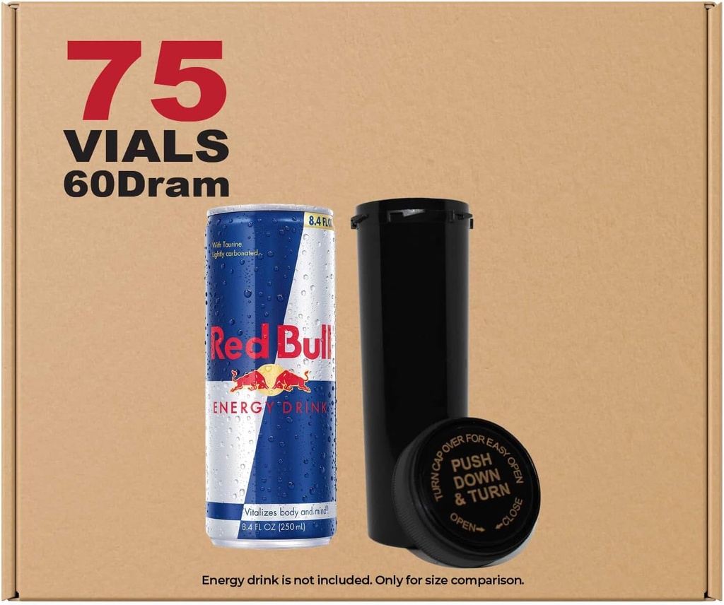 W Gallery 75 Black 60 Dram Reversible Cap - Airtight Smell Proof Vials - Plastic Medical Grade Prescription Bottles for Pills Herbs Flowers Supplements, Bulk Pack, Not Glass Jars