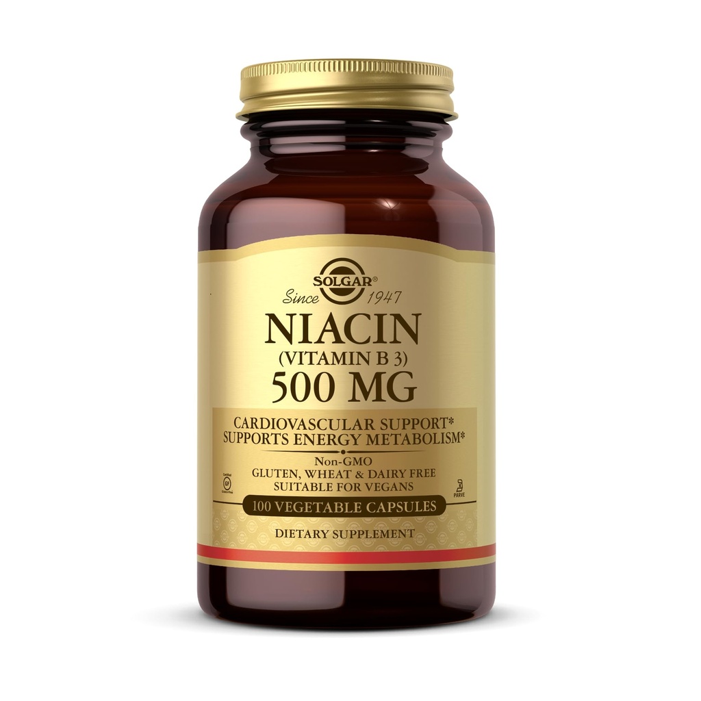 Solgar Niacin (Vitamin B3) 500 mg, 100 cápsulas vegetales - Metabolismo energético - No GMO, Vegan, Gluten Gratis, Dairy Free, Kosher - 100 piezas