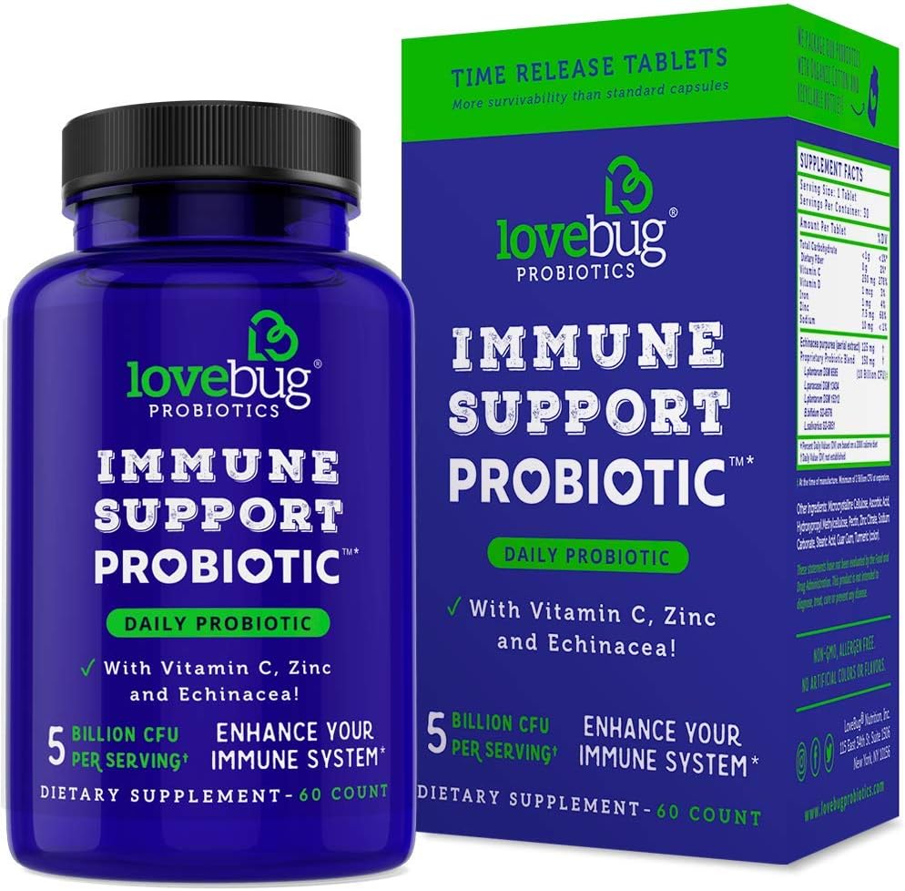 Lovebug PROBIOTICS Immune Support Daily Probiotic for Men &amp; Women, 40 Billion CFU &amp; 6 Strains, Incluye Vitamina C, Zinc &amp; Echinacea, 30 Capsules, Vegan " Non-GMO