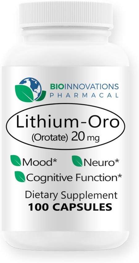 Lithium Oro 20 mg, Supports Healthy Mood Emotional Wellness, Behavior, and Memory. Bioavailable, 100 Caps (Elemental Lithium Orotate)