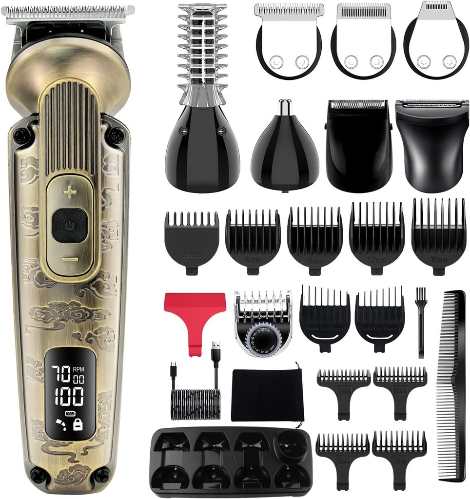 Hatteker Beard Trimmer Mustache Trimmer para Hombres 8 en 1 Ajustable velocidad impermeable cabello impermeable T-Blade Electic Razor Shavers Cordless Mens Gift Grooming Kit with Face Nose Body (Bronze)