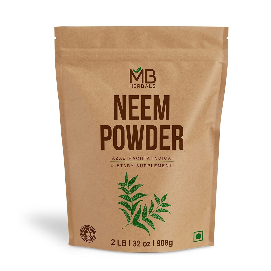 MB Herbals Pure Neem Powder 2 lb TEN 32 oz TEN 908 Gram TEN 100% Pure Wild-Crafted Neem Leaf Powder ← Very Bitter Neem Supplement for Skin Hair & Detox TEN Azadirachta Indica