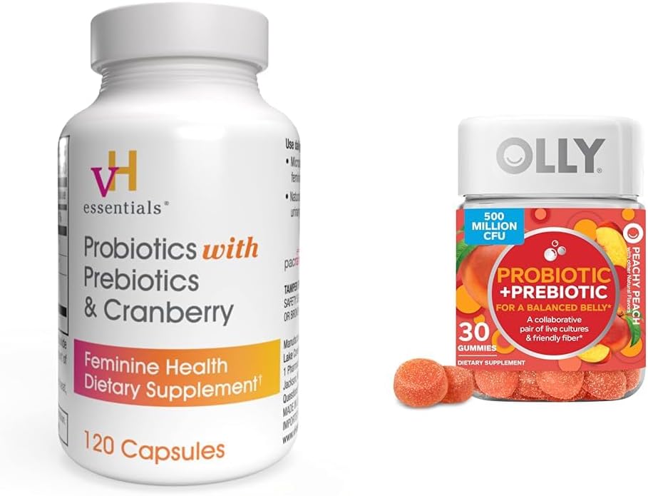vH essentials Probiotics with Prebiotics and Cranberry Feminine Health Capsules Bundle with OLLY Probiotic + Prebiotic Gummy Digestive and Gut Health Chewable Supplement