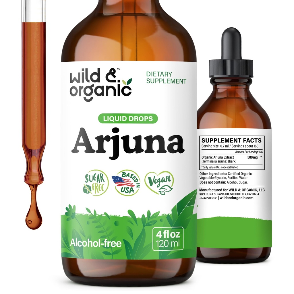 Wild &amp; Organic Arjuna Bark Tincture - Suplemento general de bienestar - Alcohol-Free Liquid Drops - Terminalia Arjuna Bark Extract - No Sugar &amp; Additives, Non-GMO - 4 fl oz