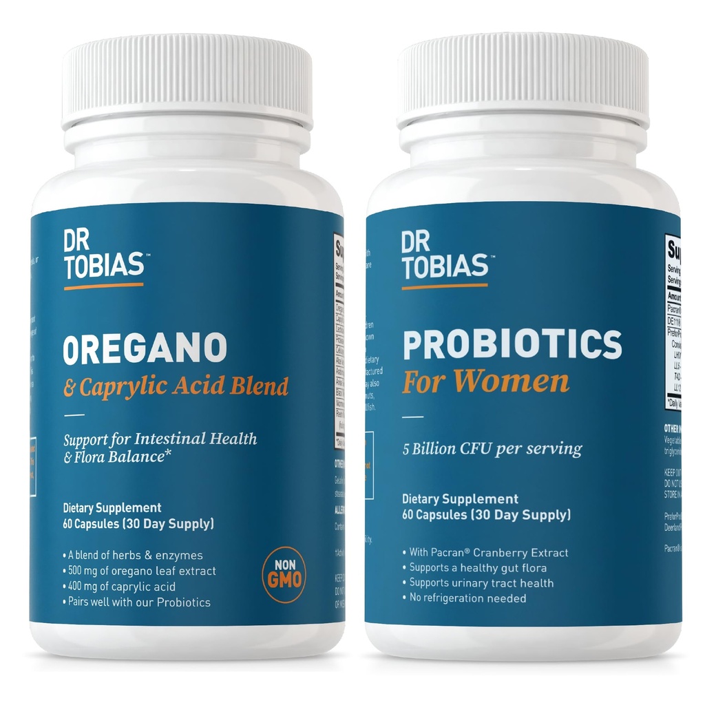 Dr. Tobias Oregano y ácido caprílico Blend y Probióticos para Mujeres - Apoya Gut, Immune y Salud Urinaria, No GMO